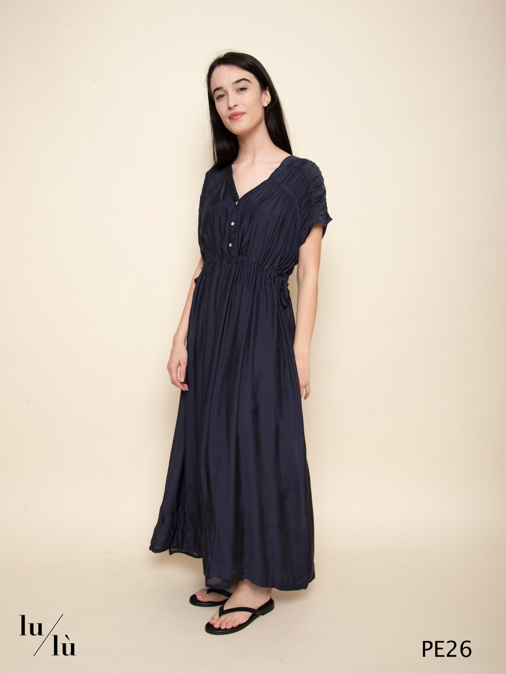 Agnes Navy - Abito lungo in viscosa con arricciature