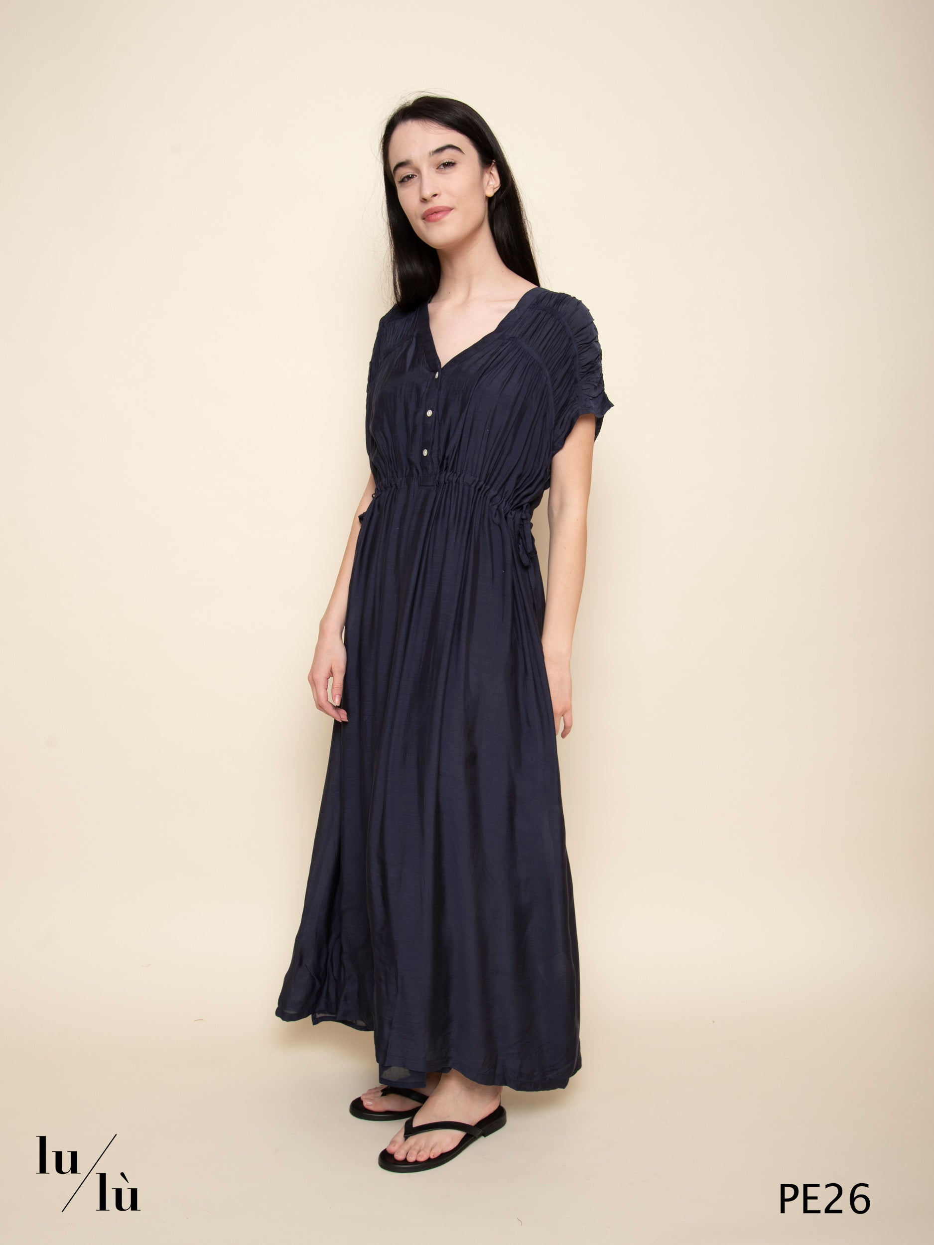 Agnes Navy - Abito lungo in viscosa con arricciature