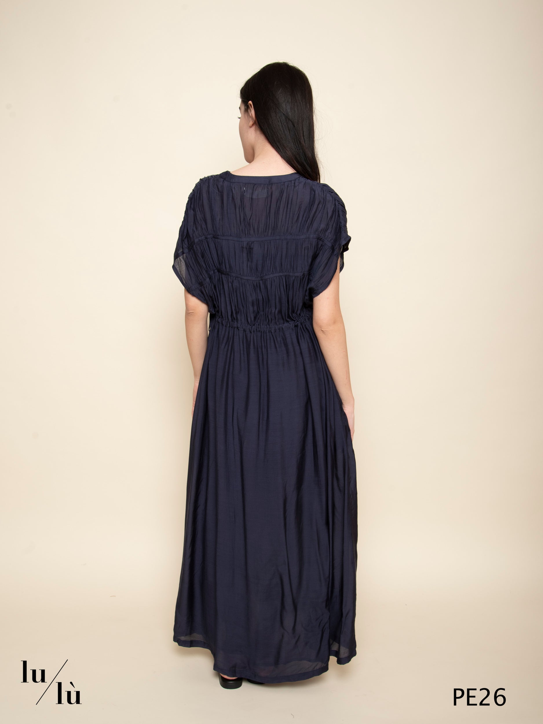 Agnes Navy - Abito lungo in viscosa con arricciature