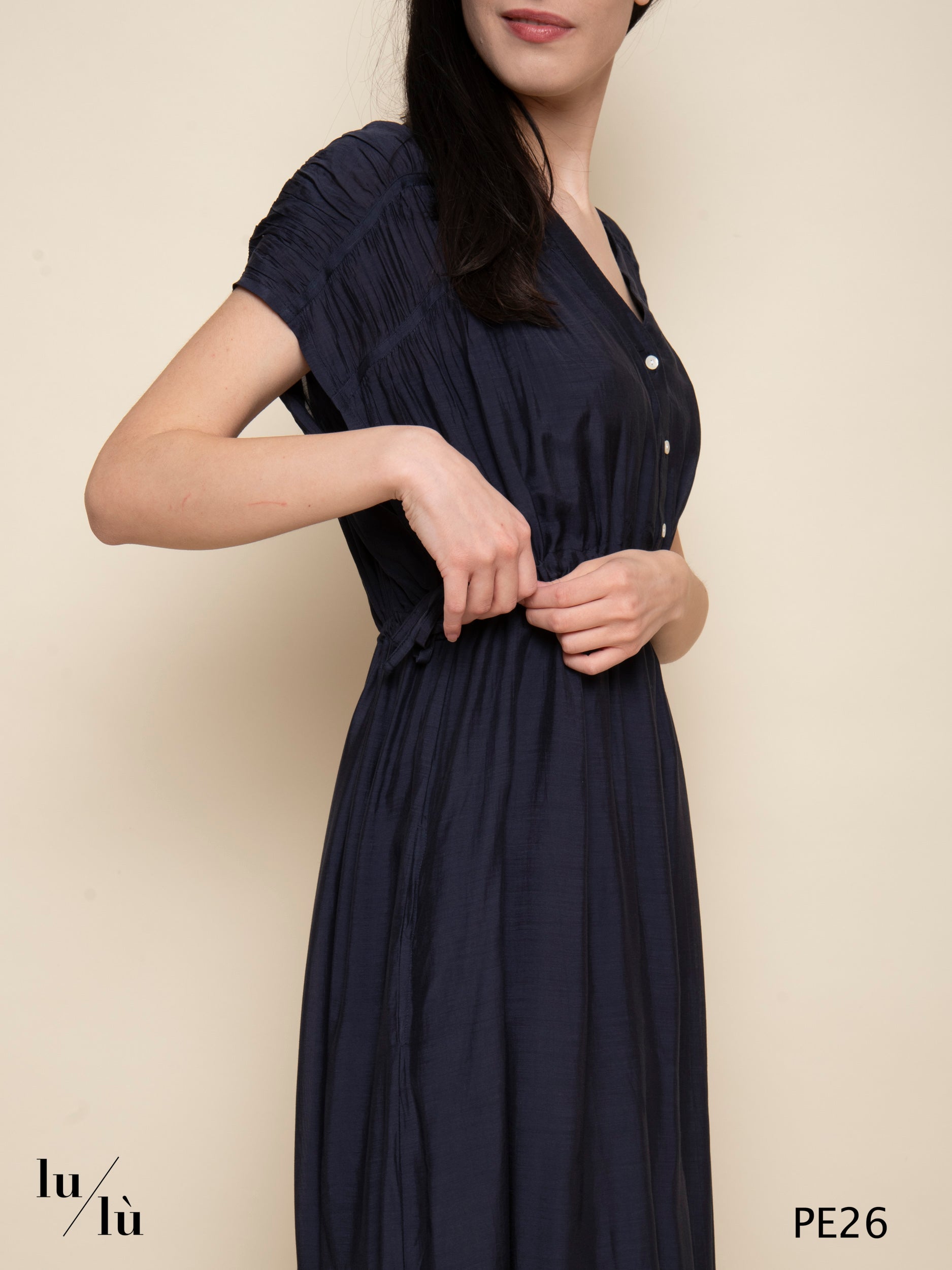 Agnes Navy - Abito lungo in viscosa con arricciature