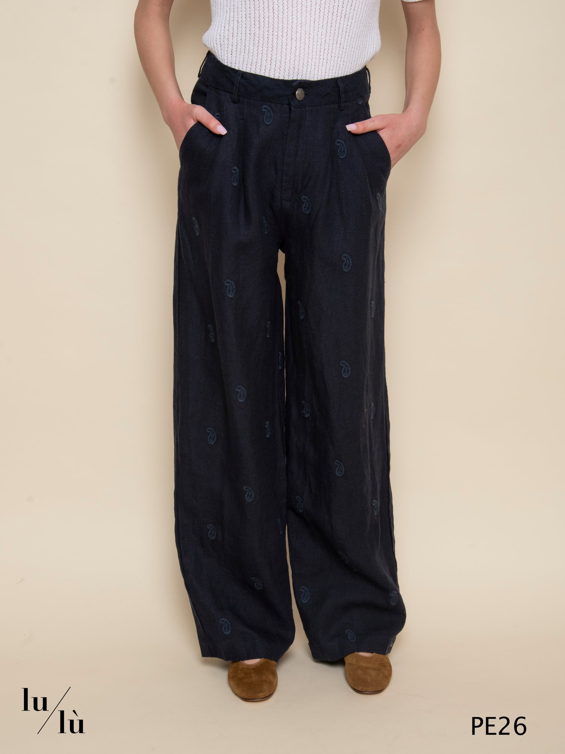 Otto - Pantalone in lino ricamato blu navy