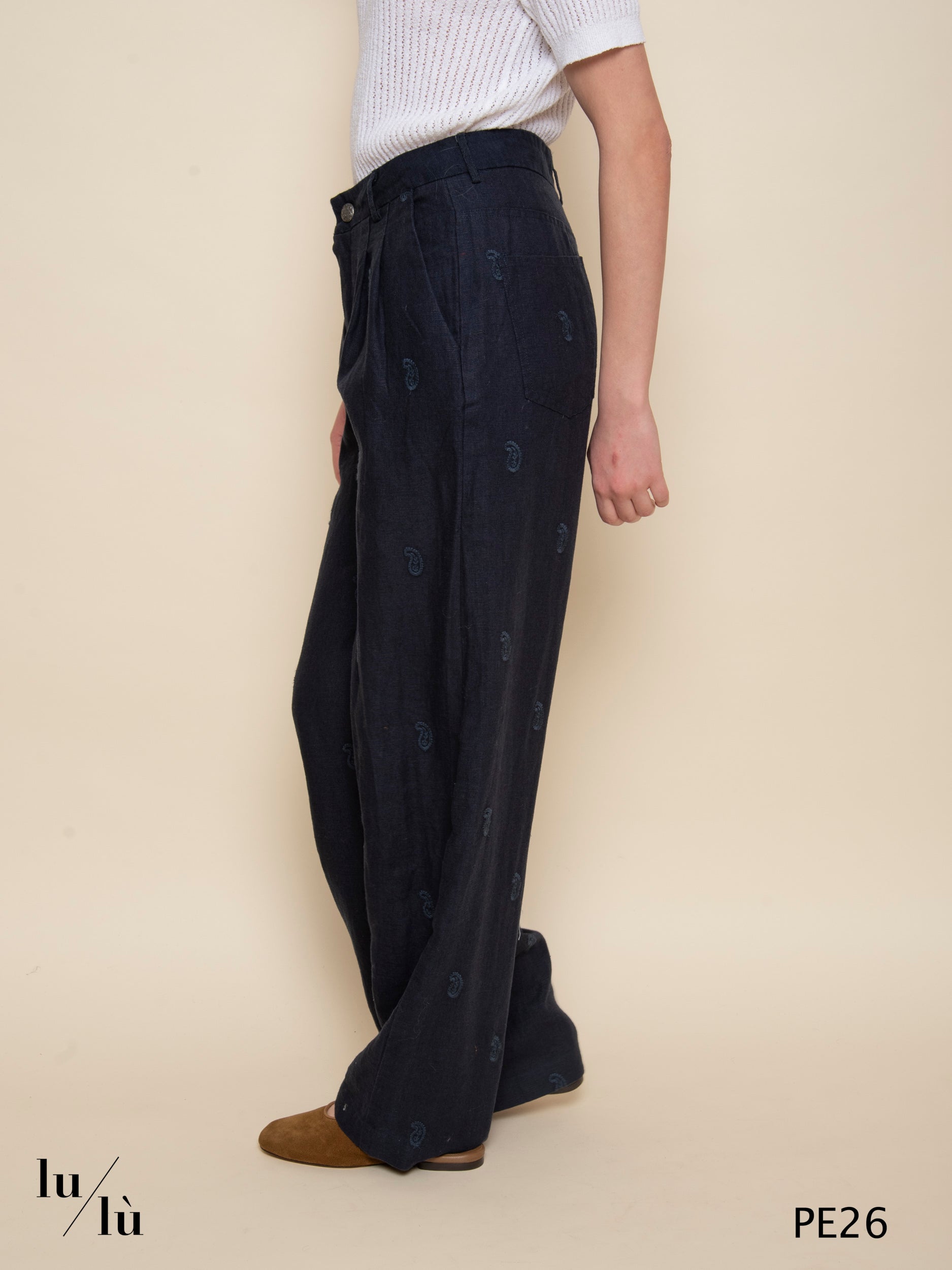 Otto - Pantalone in lino ricamato blu navy