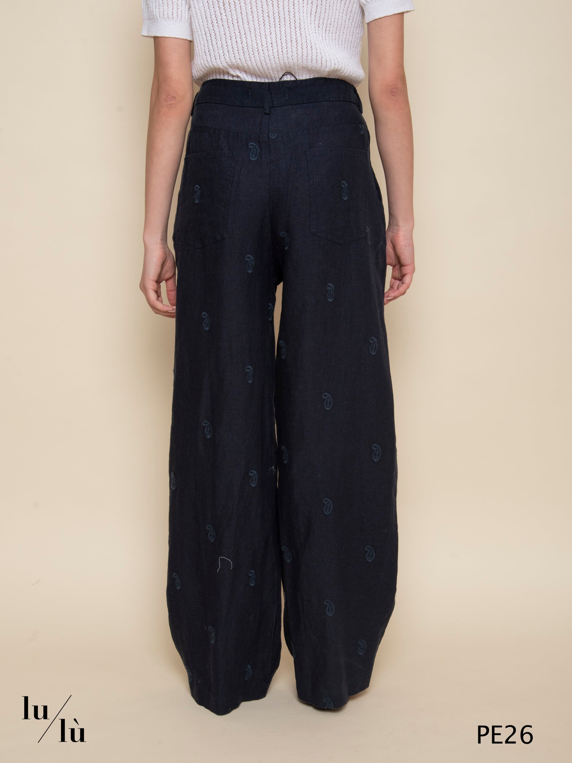 Otto - Pantalone in lino ricamato blu navy