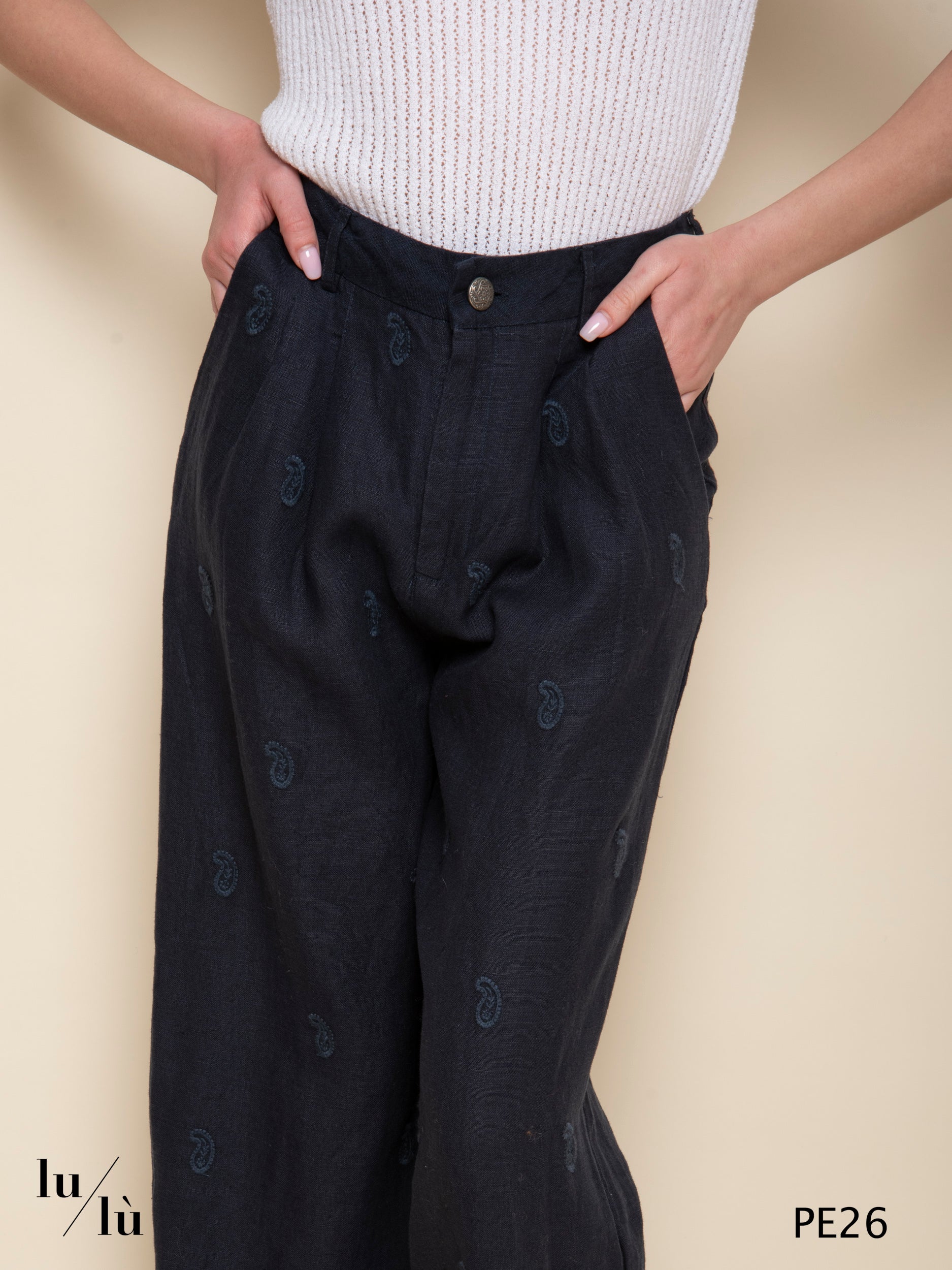 Otto - Pantalone in lino ricamato blu navy