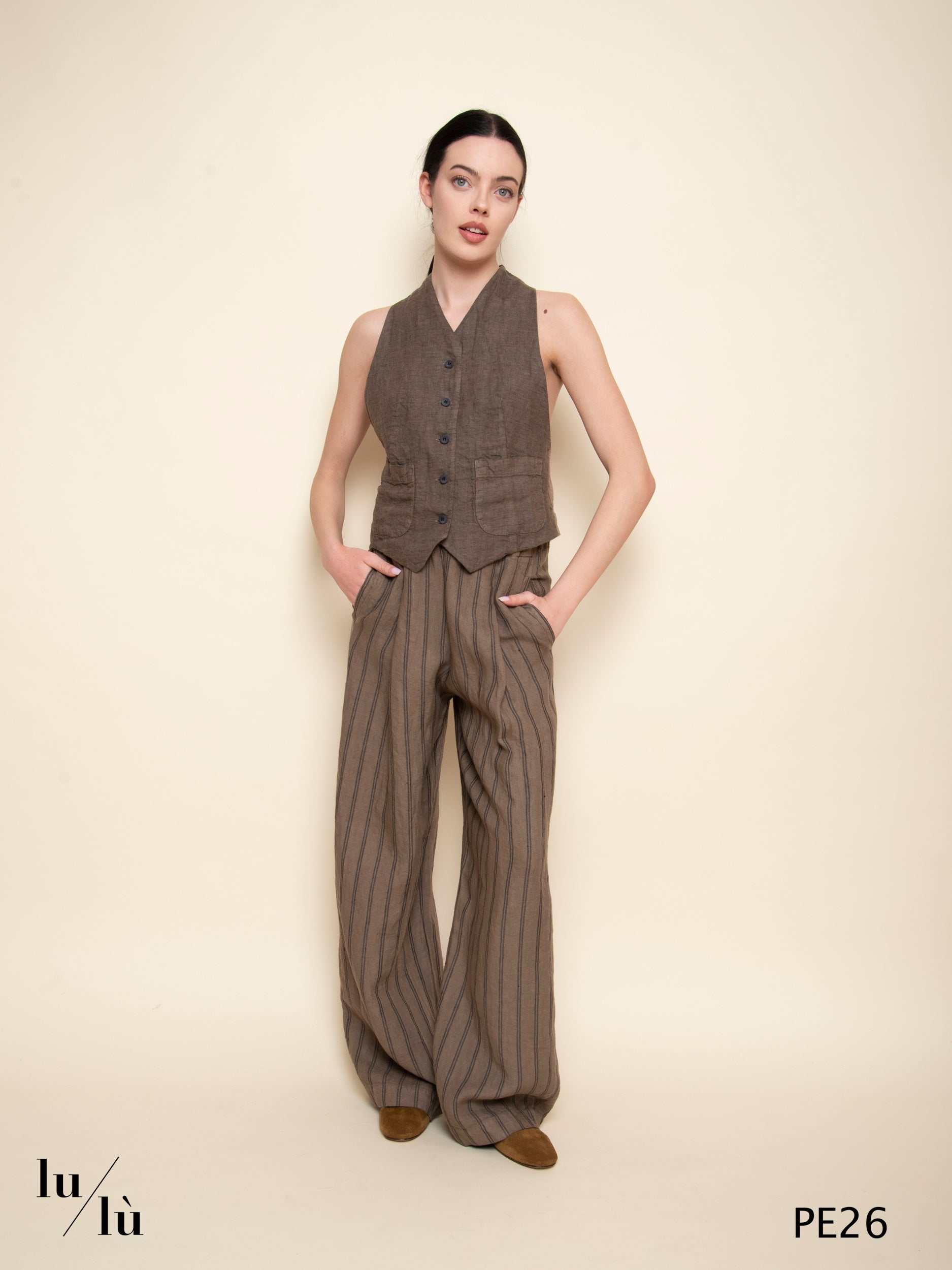 Rayen - Pantaloni wide leg in lino rigato